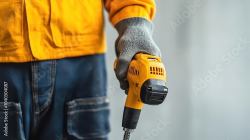 Worker holding a cordless impact driver, efficient construction tool, site in background