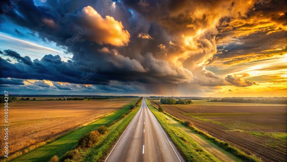 Naklejka premium Aerial view of country road under dramatic cloudy sky