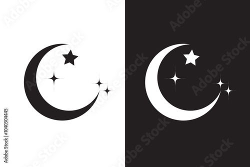 Moon stars icon set. night moon with stars vector symbol. half ramadan moon sign in black filled and outlined style.