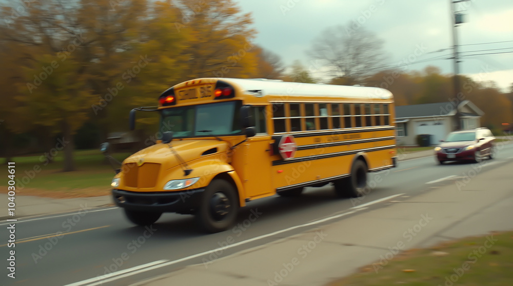 Obraz premium The image shows a yellow school bus in a suburban area with fall foliage and a car in the background