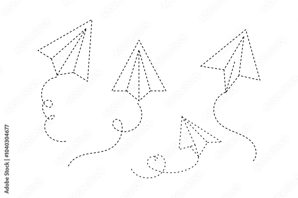 Handmade paper plane with trace dashed line. Travel, journey or vacation concept. Message or letter symbol. Delivery or destination sign isolted on white background. Vector outline illustration. Handmade paper plane with trace dashed line. Travel, journey or vacation concept. Message or letter symbol. Delivery or destination sign isolted on white background. Vector outline illustration.