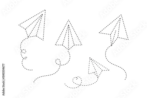 Handmade paper plane with trace dashed line. Travel, journey or vacation concept. Message or letter symbol. Delivery or destination sign isolted on white background. Vector outline illustration. 