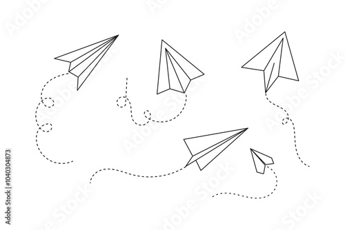 Handmade paper plane with trace dashed line. Travel, journey or vacation concept. Message or letter symbol. Delivery or destination sign isolted on white background. Vector outline illustration. 