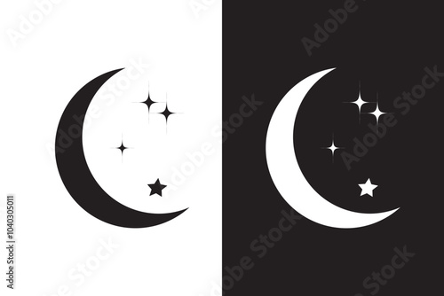 Moon stars icon set. night moon with stars vector symbol. half ramadan moon sign in black filled and outlined style.