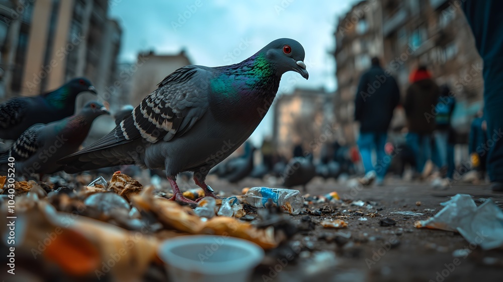 Pigeon scavenging for food in a city street. Pigeon scavenging for food in a city street.