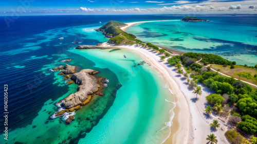 Amazing aerial view of a beautiful sea bay with turquoise water, picturesque sea coast, tropical beach, yachts.