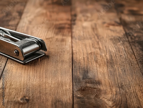 Construction stapler on a wooden plank, rapidaction tool for securing materials photo