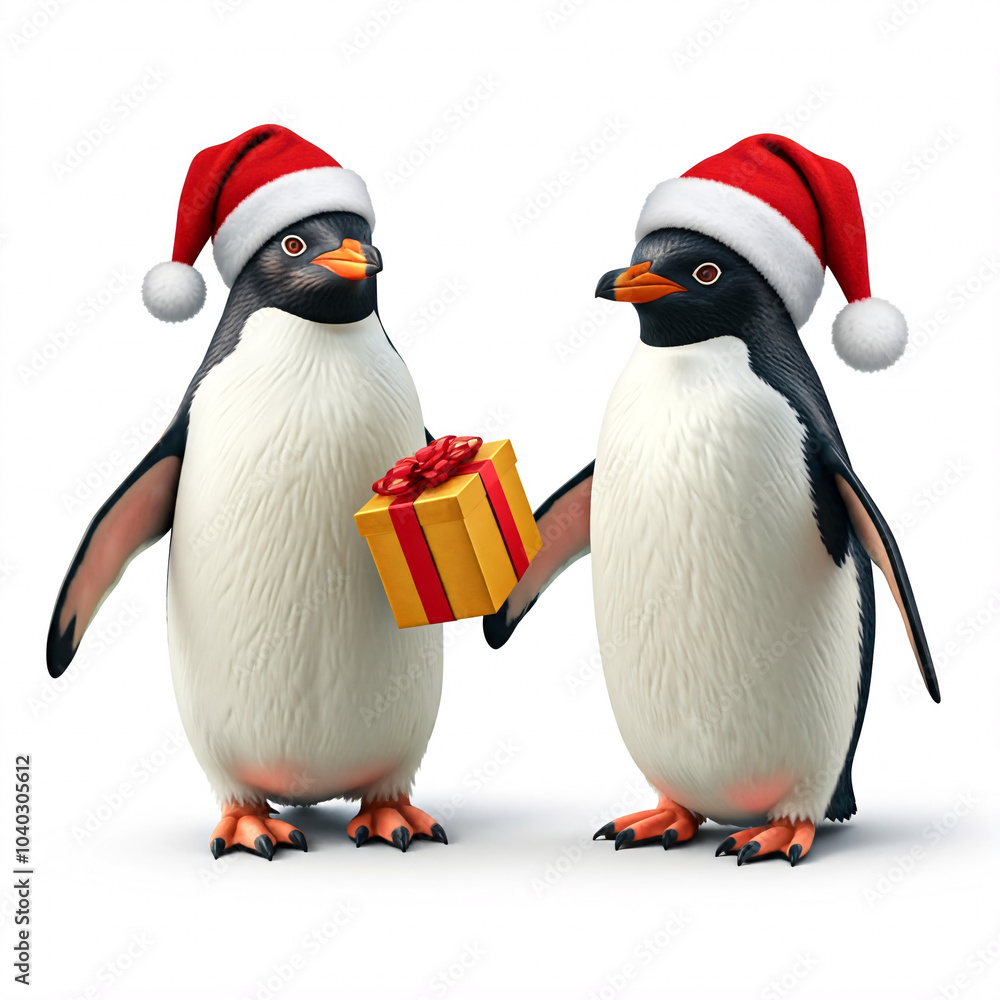 Fototapeta premium penguins in santa hat with gift box on white background