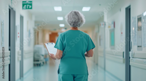 A healthcare professional in scrubs walks down hospital corridor, holding clipboard. serene environment reflects dedication and care in medical field