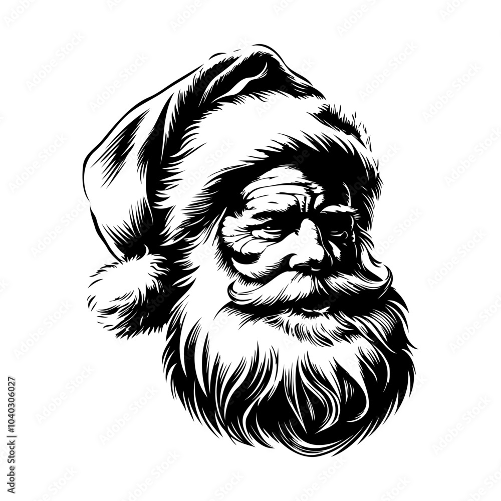 Obraz premium A detailed black and white illustration of Santa Claus against a plain background, embodying the spirit of Christmas. Vector illustration