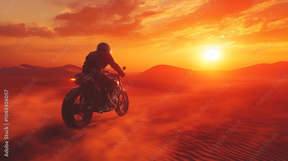 A motorcyclist wearing a helmet speeding across a vast desert, large sand dunes rising in the background, the dramatic sunset casting golden and red hues over the landscape, A motorcyclist wearing a helmet speeding across a vast desert, large sand dunes rising in the background, the dramatic sunset casting golden and red hues over the landscape,