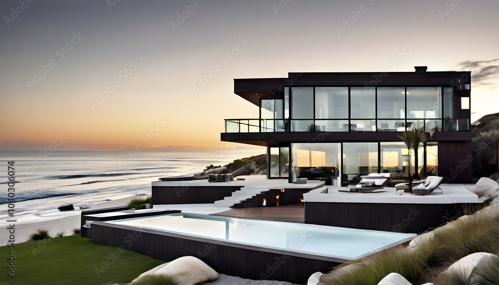 Fototapeta premium Sleek Beachfront Home with Ocean Views and Modern Design