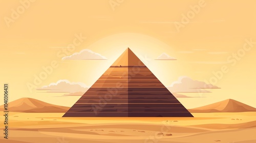 A majestic pyramid under a warm sunset, surrounded by serene desert landscape and soft clouds.