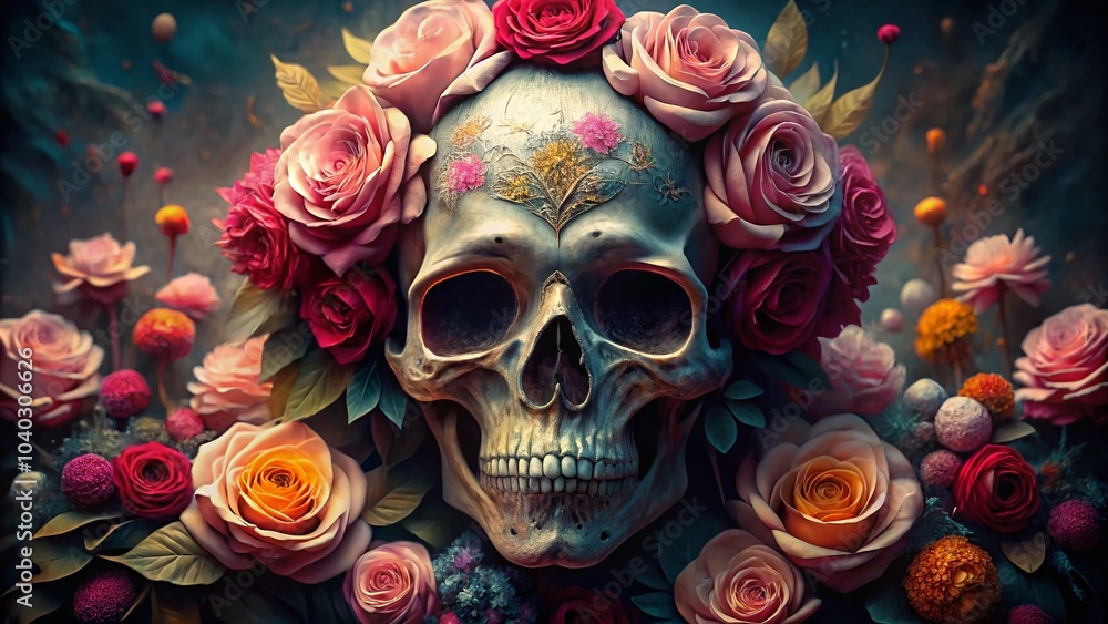 Surreal Human Skull Decorated with Roses - Artistic Floral Portrait for Unique Decor Surreal Human Skull Decorated with Roses - Artistic Floral Portrait for Unique Decor