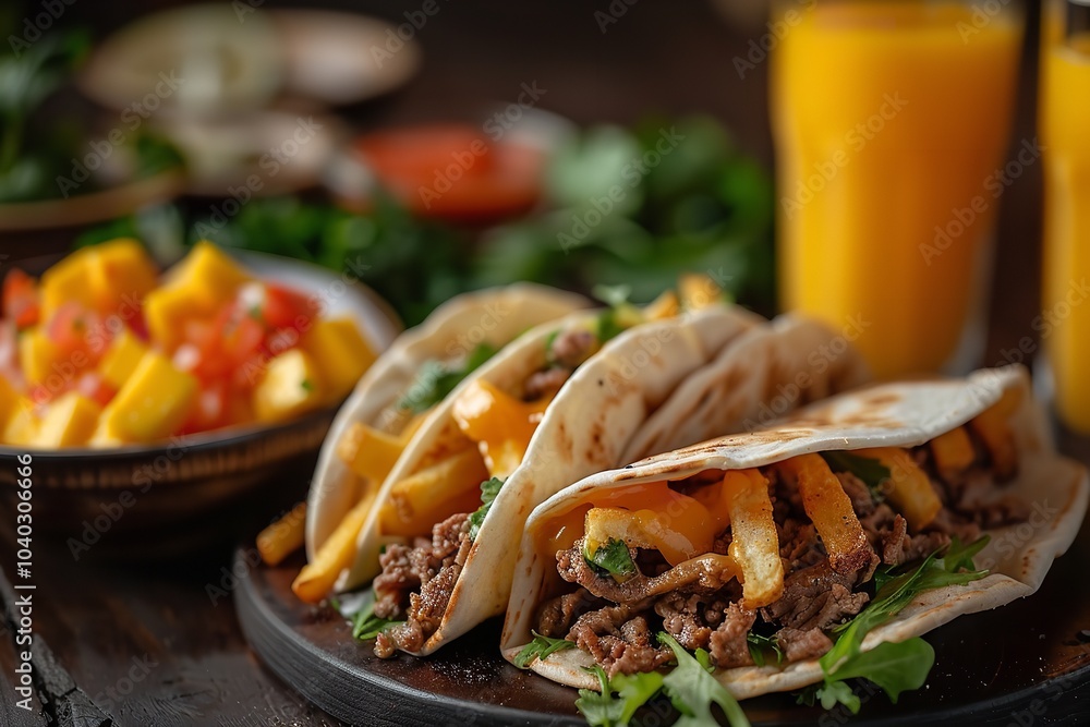 A tropical fruit juice glass lying with mouthwatering snacks items like tacos, burgers and french fries stands out over an abstract backdrop for an advert, Generative AI. A tropical fruit juice glass lying with mouthwatering snacks items like tacos, burgers and french fries stands out over an abstract backdrop for an advert, Generative AI.