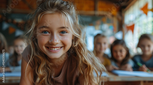 Wallpaper Mural Portrait of a smiling schoolgirl with her classmates working in the background Torontodigital.ca