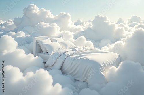 Bed with white bedding linens in white clouds as a concept for a serene and comfortable sleep