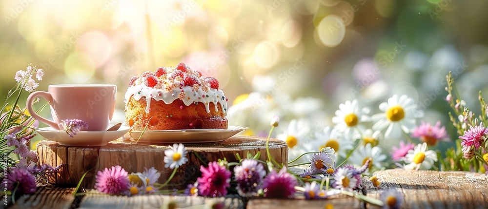 A typical Easter confection and a teacup are displayed out on an outdoor wooden tabletop with blossoms and an eerie panorama of the natural environment, Generative AI. A typical Easter confection and a teacup are displayed out on an outdoor wooden tabletop with blossoms and an eerie panorama of the natural environment, Generative AI.