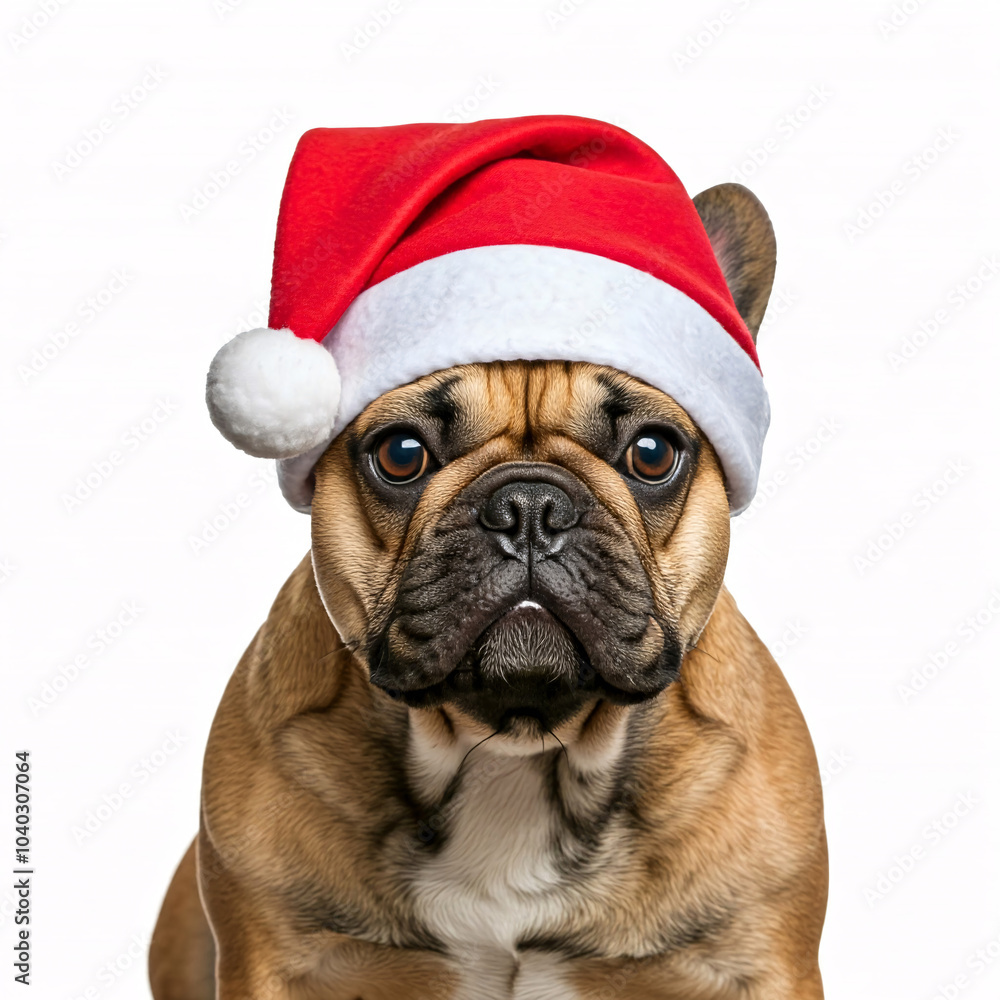french bulldog wearing santa hat looking at camera on white background french bulldog wearing santa hat looking at camera on white background
