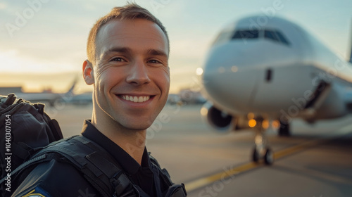 friendly male security personnel smiles at airport, showcasing welcoming atmosphere. airplane in background adds to travel ambiance, creating sense of safety and professionalism