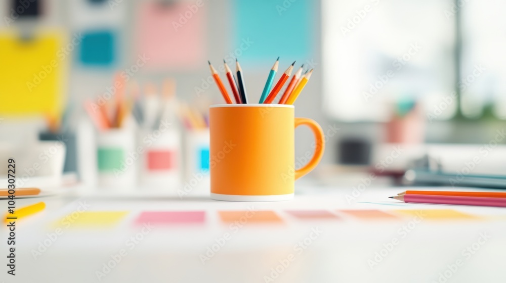 A cluttered desk covered in sketches, color palettes, and coffee mugs, showcasing the creative chaos of an illustrator work environment. A cluttered desk covered in sketches, color palettes, and coffee mugs, showcasing the creative chaos of an illustrator work environment.
