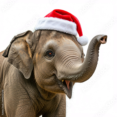 cute elephant wearing santa hat isolated on white background photo