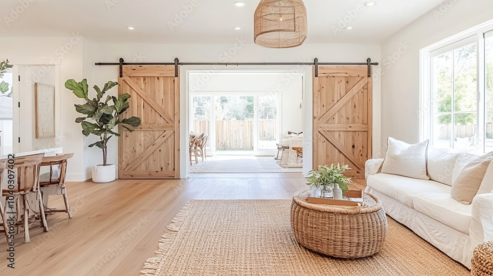 Fototapeta premium A bright and airy living space featuring cozy sofa, natural wood accents, and sliding barn doors that open to serene outdoor area. warm tones and greenery create welcoming atmosphere