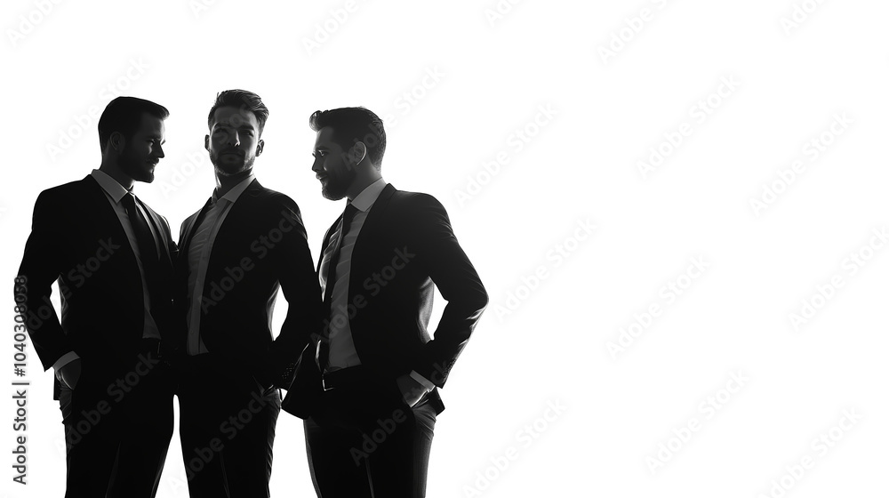 Three men in tuxedos stand confidently against a dark background, embodying sophistication and elegance. Three men in tuxedos stand confidently against a dark background, embodying sophistication and elegance.