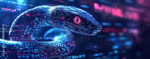 A computer screen displaying Python code with a digital snake, symbolizing the application of Python programming in data engineering and software development.