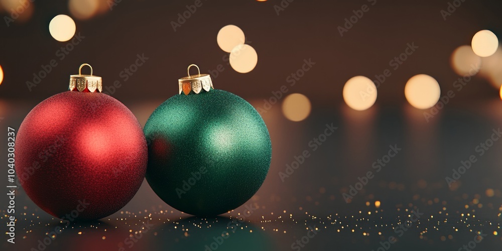 Traditional red and green Christmas ornaments adorned with soft golden lights for a warm holiday atmosphere Traditional red and green Christmas ornaments adorned with soft golden lights for a warm holiday atmosphere
