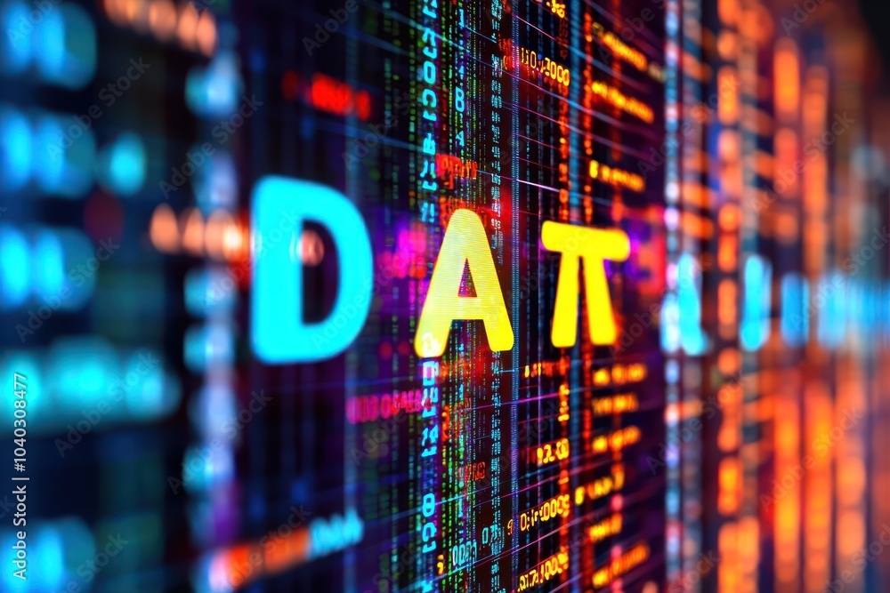 Abstract 'Data' text floating over data bars, highlighting data science concepts. Abstract 'Data' text floating over data bars, highlighting data science concepts.
