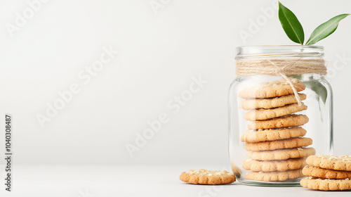 bote de cristal lleno de galletas de avena, con espacio en blanco photo