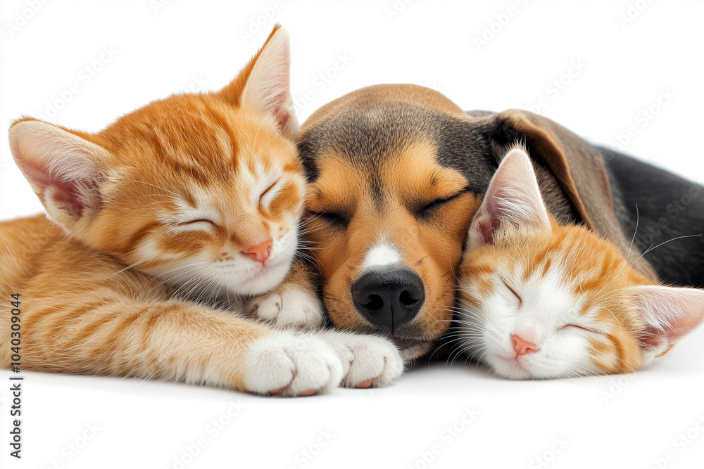 Fototapeta premium Peaceful Kittens and Puppy Sleeping Together on White Background