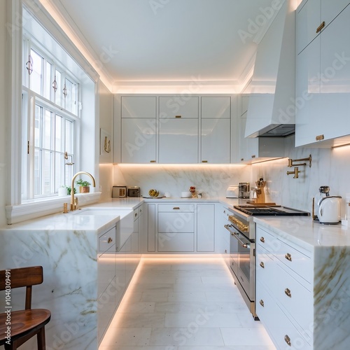 A Modern White Kitchen with Marble Elegance.