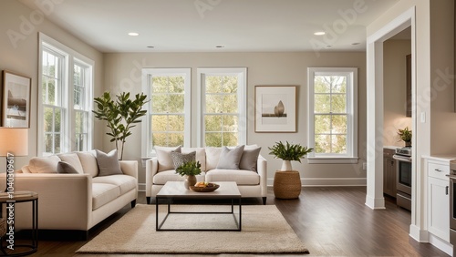 A modern living room with neutral tones features large windows, cozy sofas with pillows, a coffee table, indoor plants, stylish artwork, and wooden flooring. photo