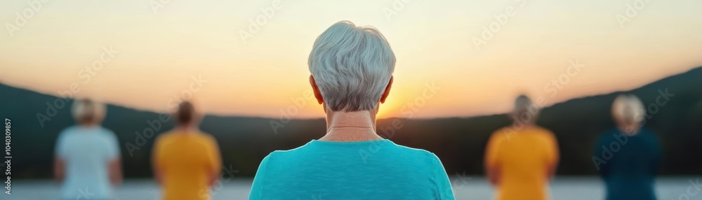 Fototapeta premium Group of seniors in a park practicing yoga together, sunlight filtering through trees, Silver Gen fitness, active and healthy lifestyle