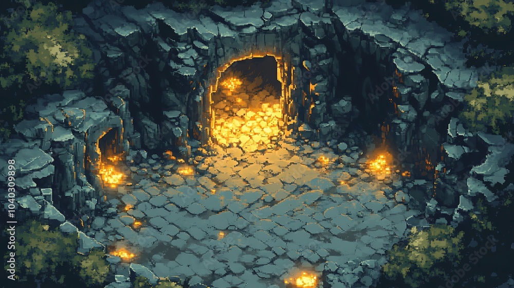 Pixel art DnD map featuring a mystical cave entrance surrounded by glowing stones Pixel art DnD map featuring a mystical cave entrance surrounded by glowing stones