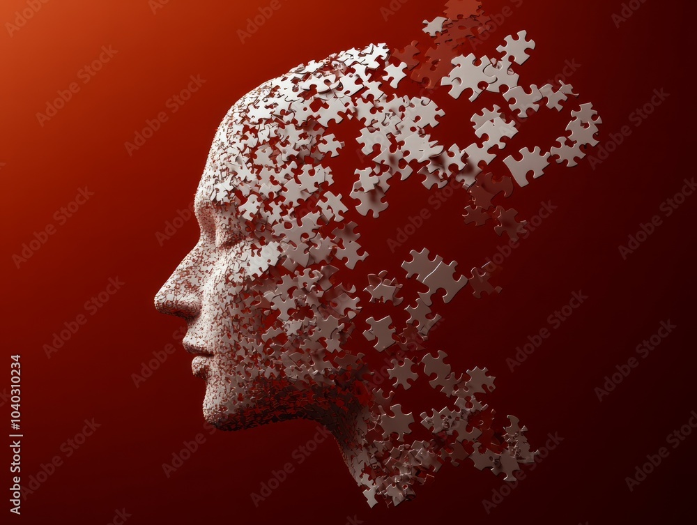 2D Human head from puzzle pieces, white puzle pieces on dark cayenne background 2D Human head from puzzle pieces, white puzle pieces on dark cayenne background