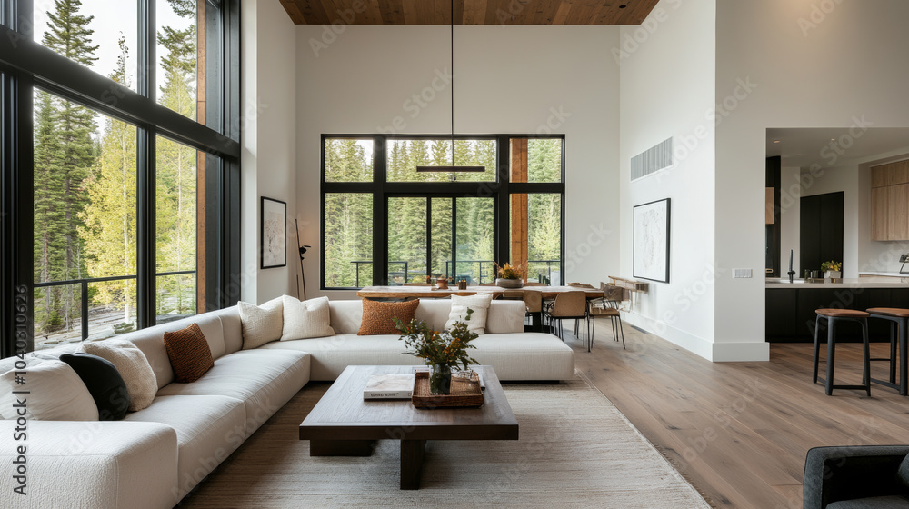 Fototapeta premium A modern living room featuring large windows, cozy sectional sofa, and stylish coffee table. space is bright and inviting, surrounded by nature