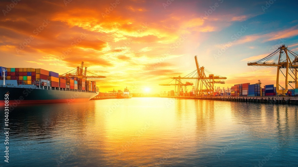 Fototapeta premium A contemporary port with vibrant containers and cargo ships under the setting sun, photography style, photo of