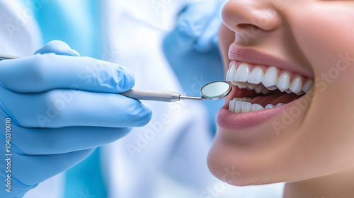 woman smiles confidently as a dentist cleans her teeth, showcasing the importance of dental hygiene and care. The scene reflects professionalism, health, and the beauty of a bright smile