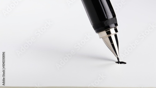 A fountain pen releases a drop of black ink onto a blank white sheet of paper, symbolizing creativity, ideas, and the start of writing. photo