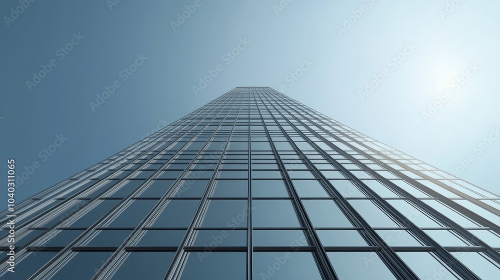 Low angle view of a modern glass skyscraper stretching towards a clear blue sky, showcasing sleek architecture and urban development Low angle view of a modern glass skyscraper stretching towards a clear blue sky, showcasing sleek architecture and urban development