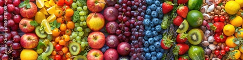 Assorted fruits arranged in vertical rows showcasing colorful and fresh variety of natural produce