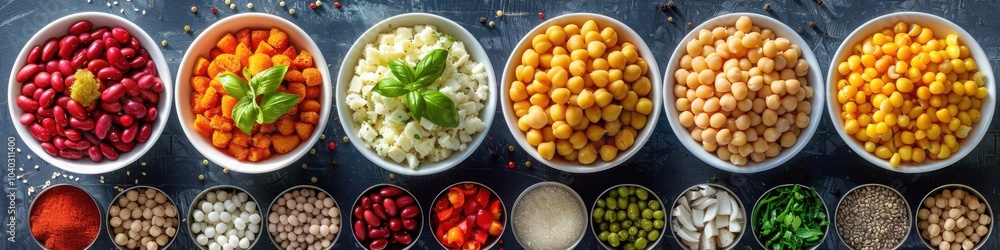 Assorted beans vegetables and spices arranged in bowls showcasing a colorful and healthy variety of ingredients
Assorted beans vegetables and spices arranged in bowls showcasing a colorful and healthy variety of ingredients