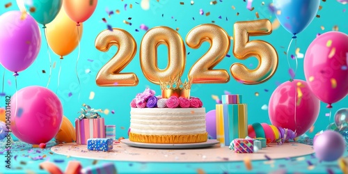 Golden numbers "2025" , colorful balloons around it, a birthday cake with a crown and flowers