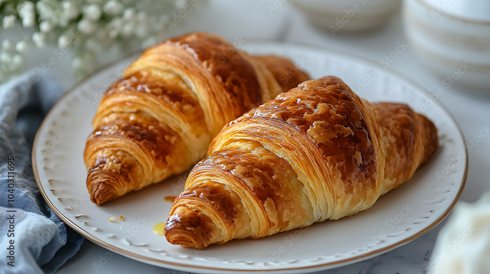 A photo of French croissants, with golden flaky layers and butter melting, served on a white plate, shot with a telephoto lens A photo of French croissants, with golden flaky layers and butter melting, served on a white plate, shot with a telephoto lens