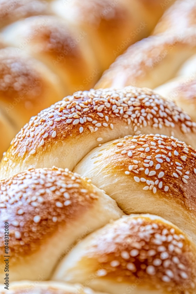 Close-up of a glossy braided challah bread topped with sesame seeds showcasing its textured crust Close-up of a glossy braided challah bread topped with sesame seeds showcasing its textured crust