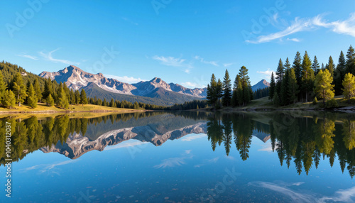 Majestic mountain reflections in a calm lake surrounded by evergreen trees