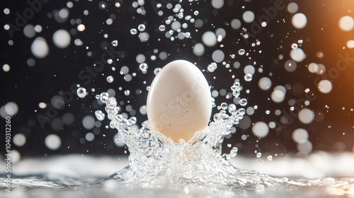 A white egg splashes into water, creating beautiful display of droplets and ripples. scene captures dynamic interaction between egg and water, evoking sense of freshness and vitality photo